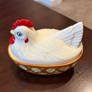 Charming Vintage Ceramic Chicken Dish - White, Red, Orange and Yellow